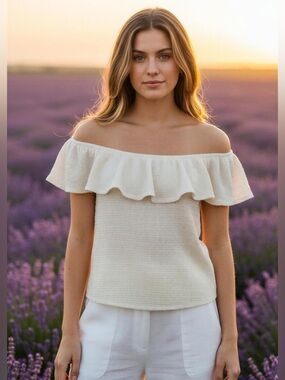 Anthropologie Cream Ruffle Off-Shoulder Blouse